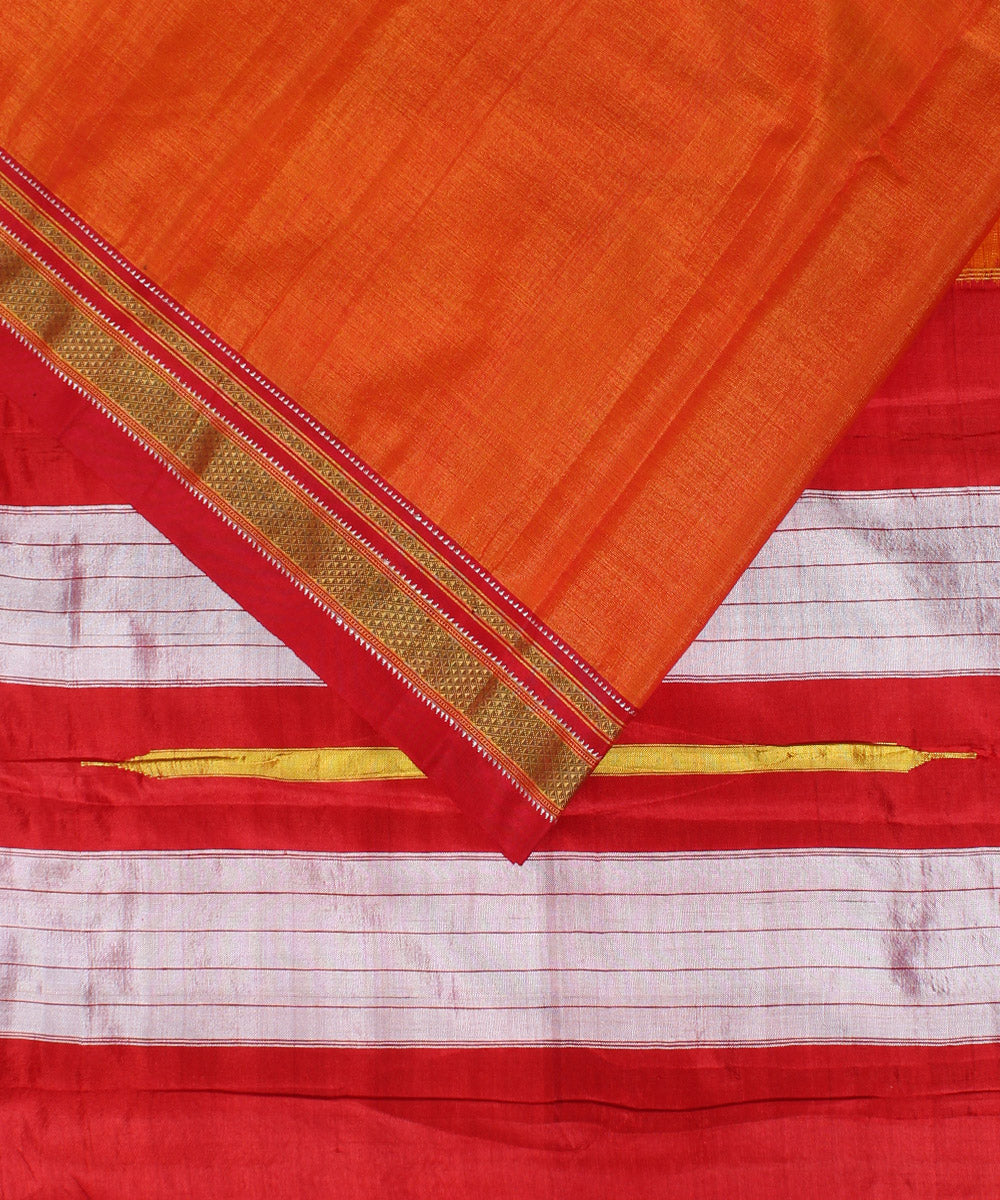 Orange red handloom cotton art silk chikki paras border ilkal saree