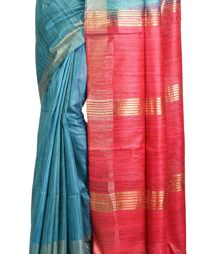 Cyan blue pink handwoven tussar silk sari