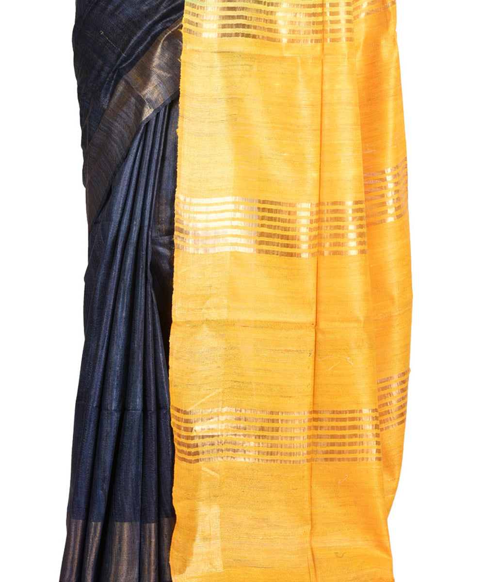 Navy blue yellow handwoven tussar silk sari