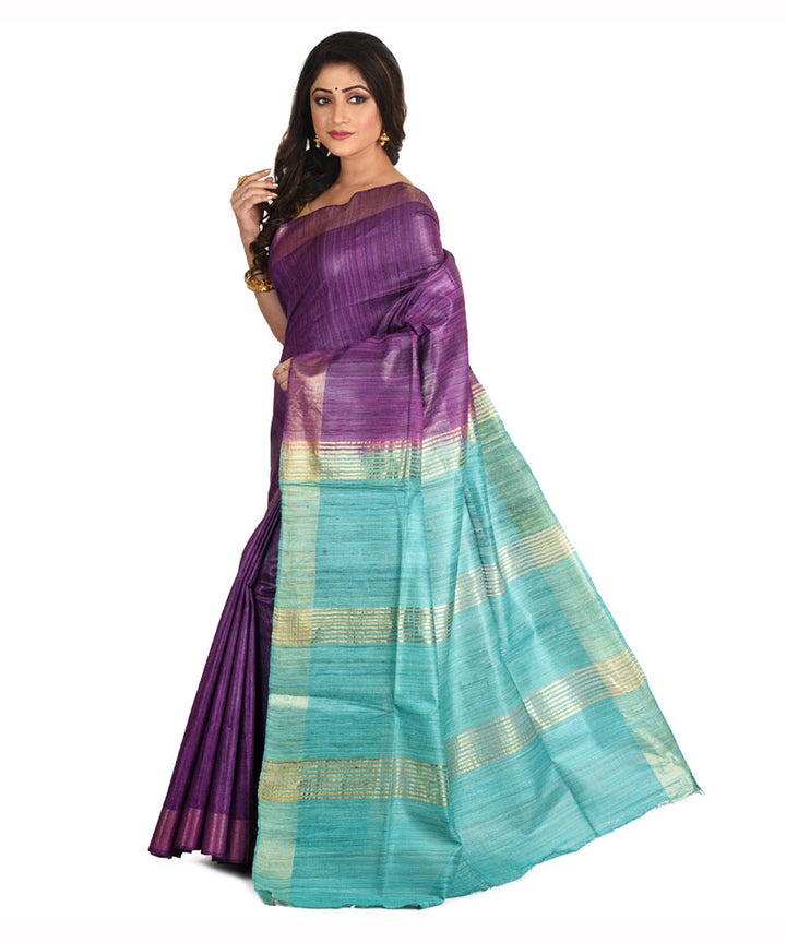 Purple sky blue handwoven tussar silk sari