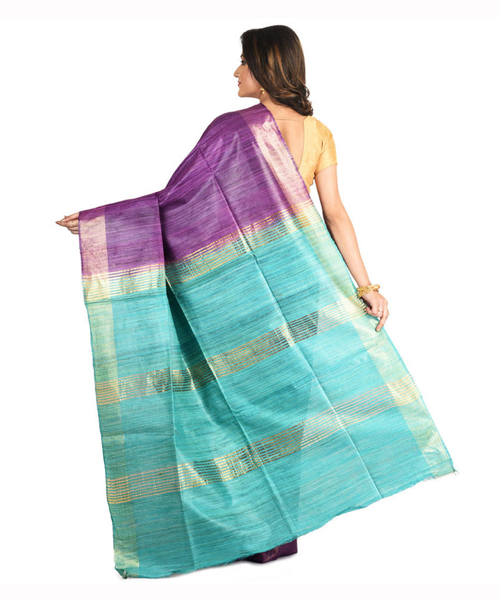 Purple sky blue handwoven tussar silk sari