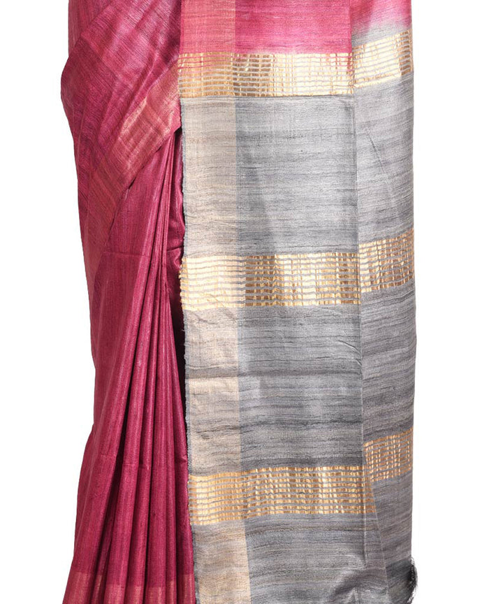 Grey magenta handwoven tussar silk sari