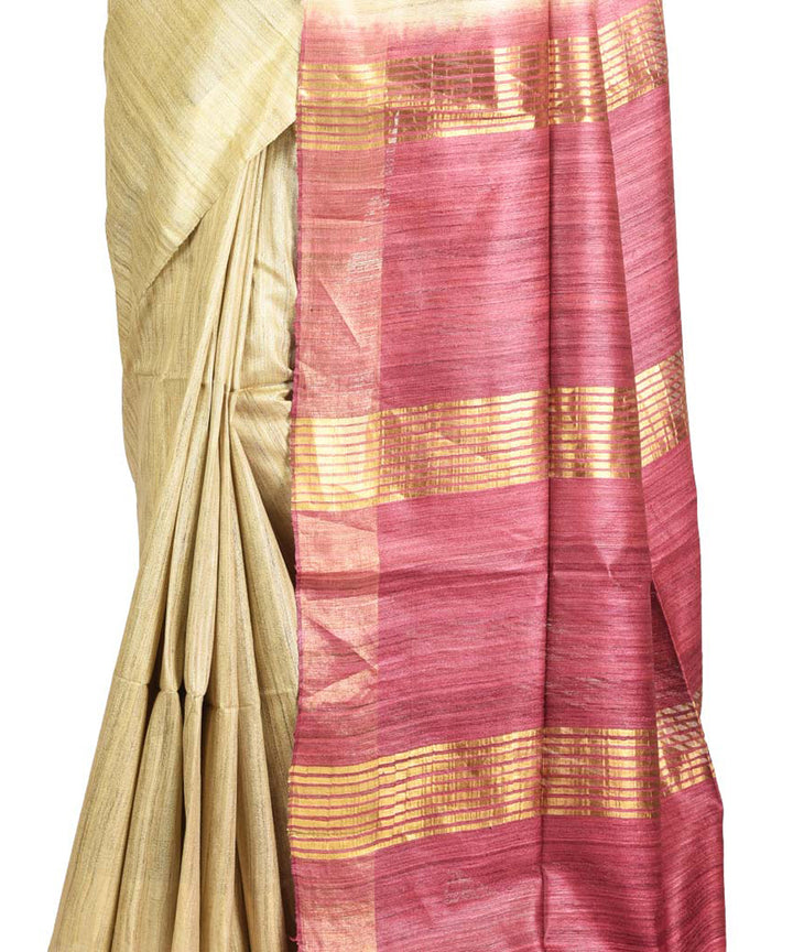 Beige cherry red handwoven tussar silk sari