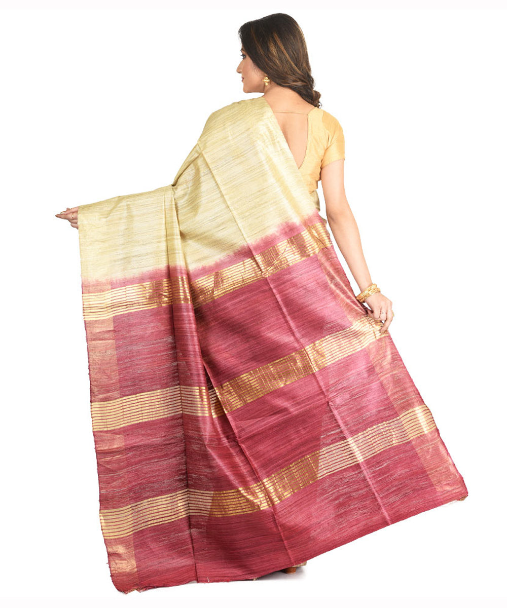 Beige cherry red handwoven tussar silk sari