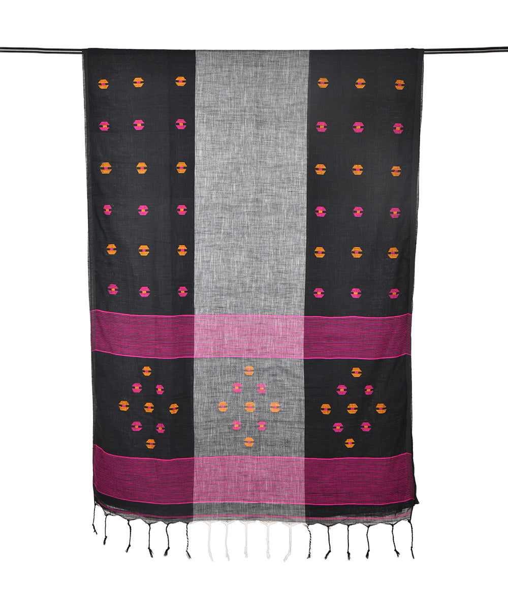 Black grey hand embroidery kantha stitch cotton saree