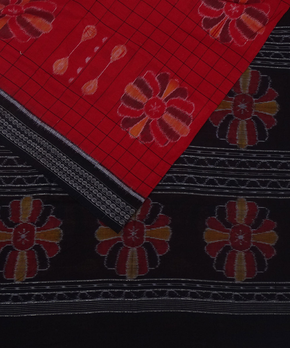 Brick red black handwoven cotton sambalpuri saree