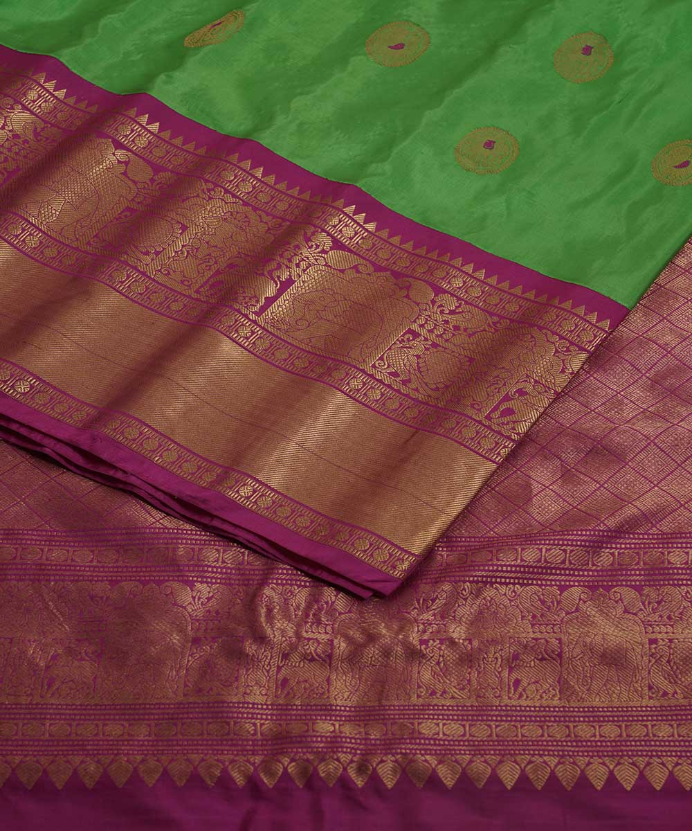 Cyan green pink handwoven gadwal silk saree