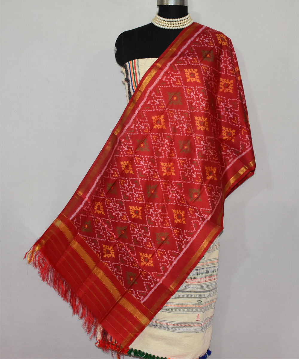 Bright red handwoven patola silk stole