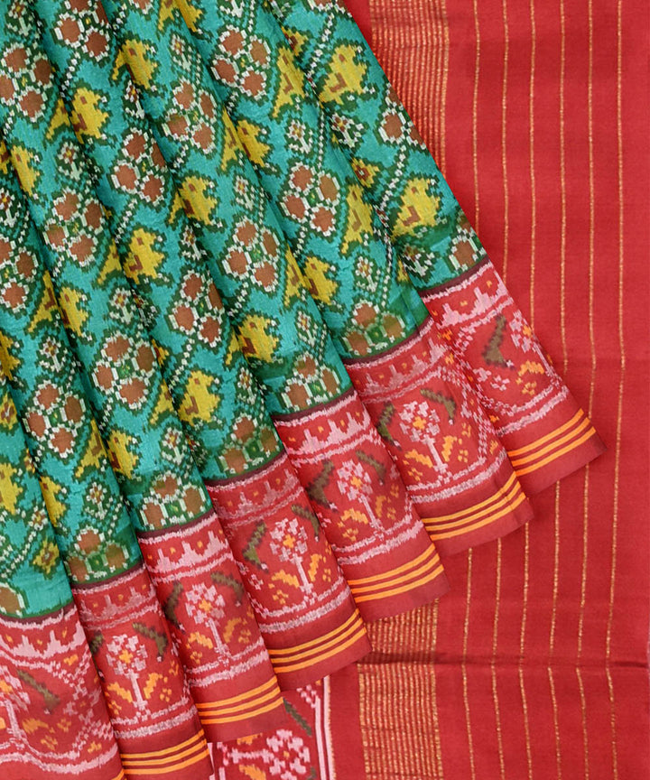 Teal green red handwoven patola silk saree
