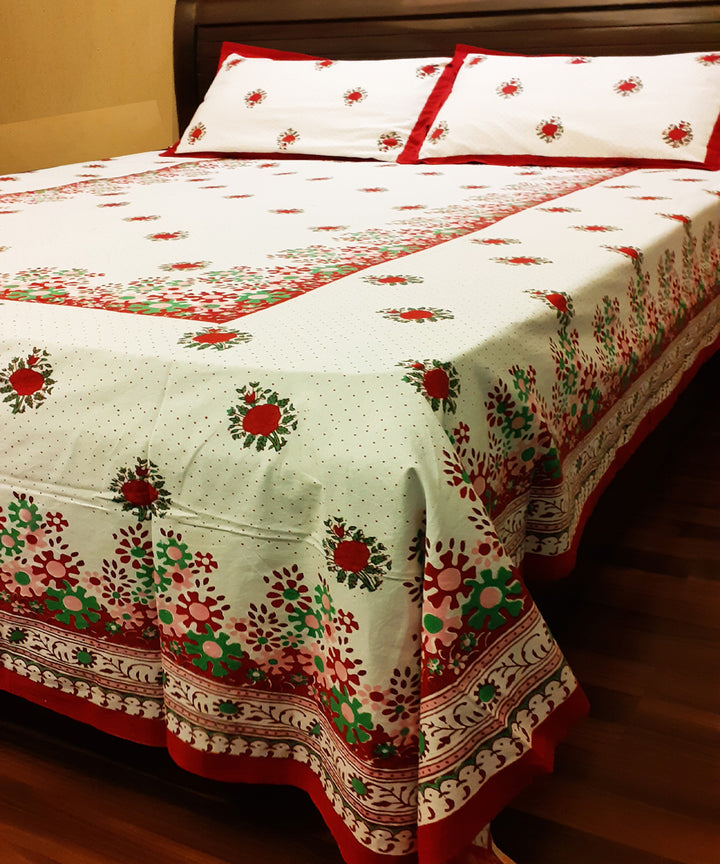 Multicolor hand-block print cotton bed sheet with pillow covers and cushion covers