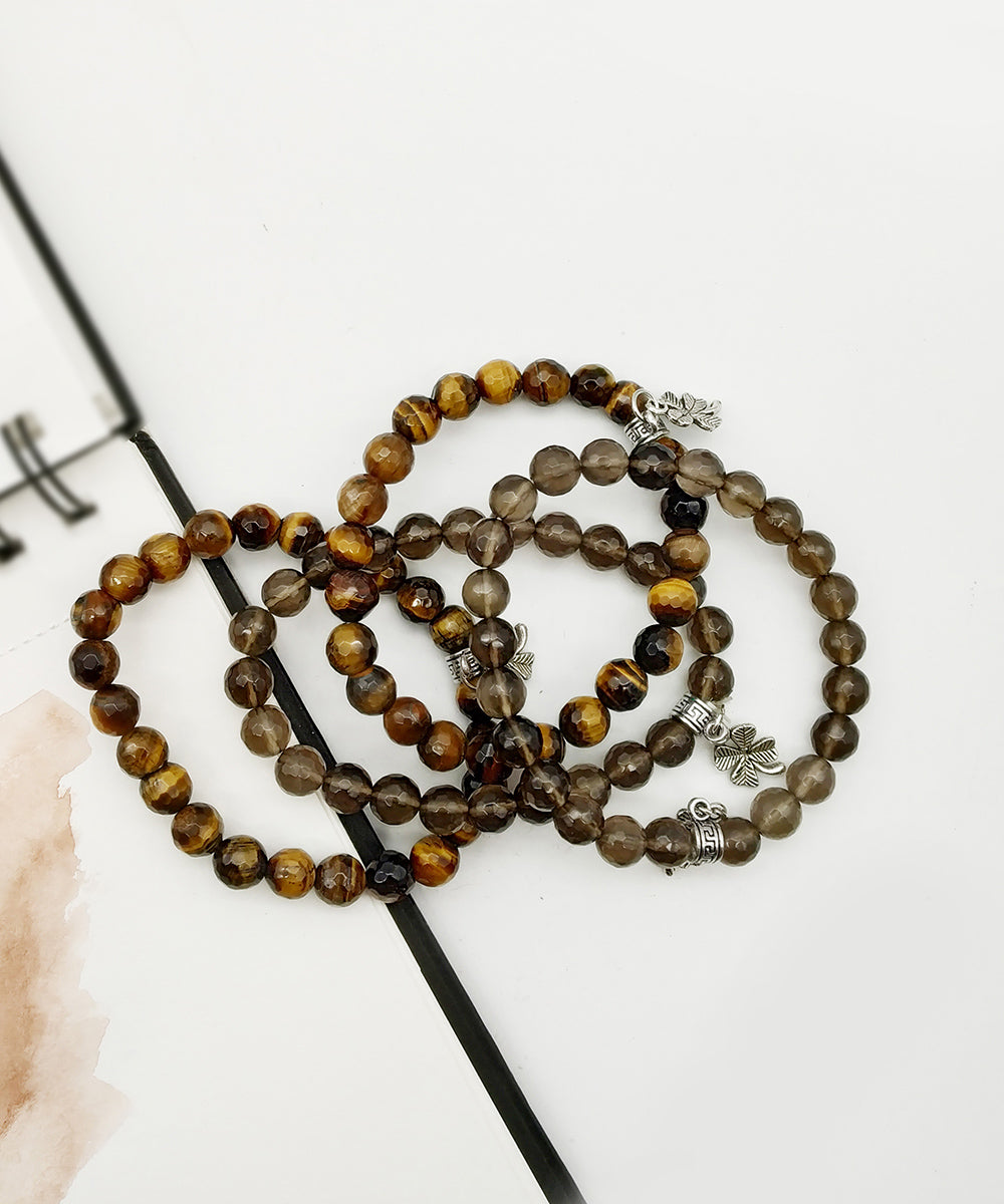 Brown handcrafted smoke quartz tiger eye gemstone bracelet set of 4