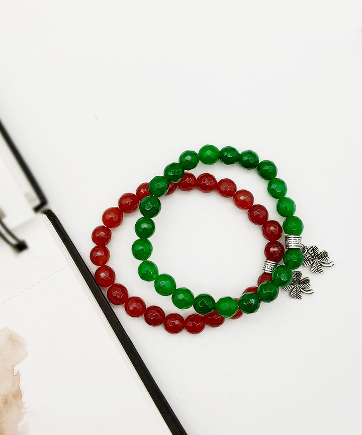 Red green handcrafted quartz gemstone bracelet set of 2