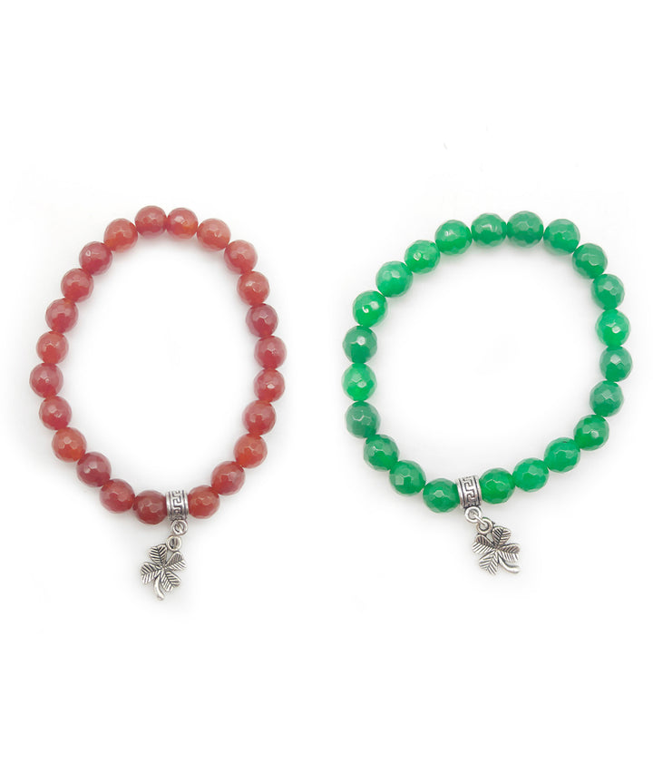 Red green handcrafted quartz gemstone bracelet set of 2