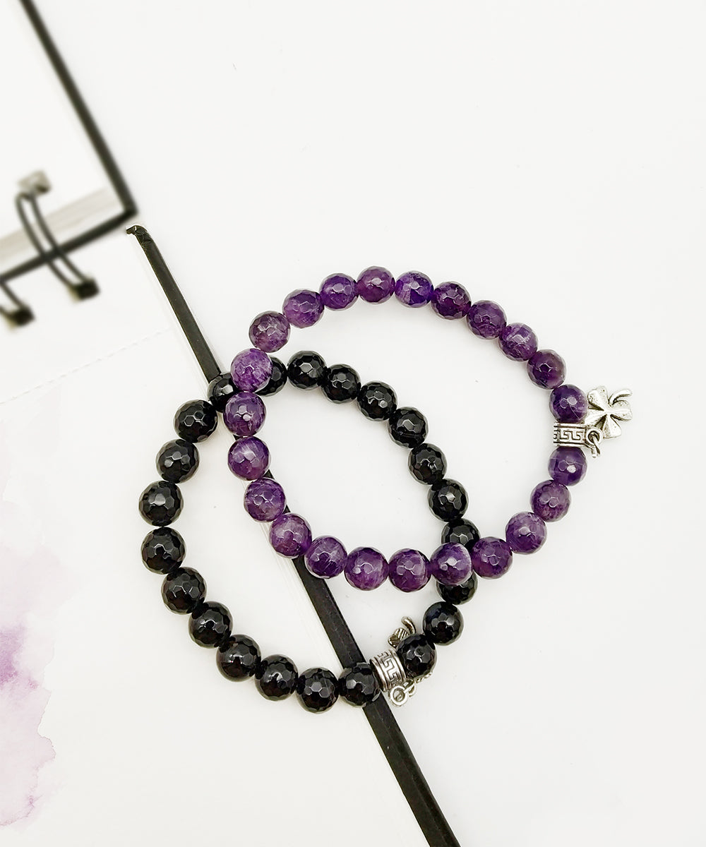 Black purple handcrafted amethyst gemstone bracelet set of 2