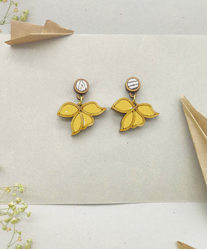 Handcrafted yellow leaf motif fabric and wood earring