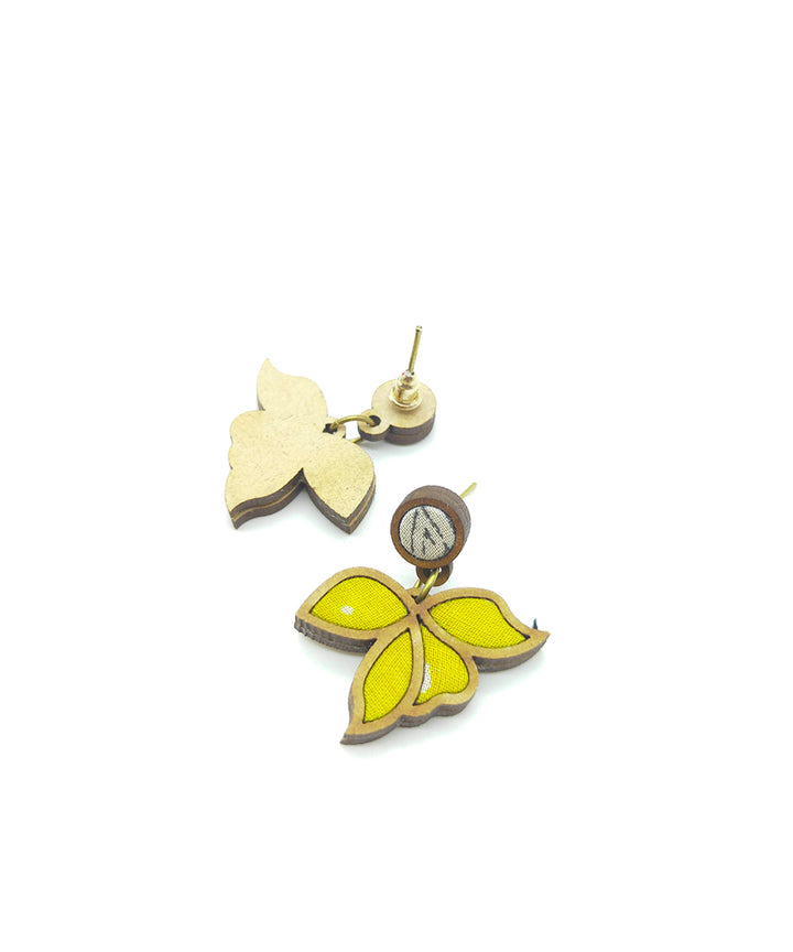 Handcrafted yellow leaf motif fabric and wood earring