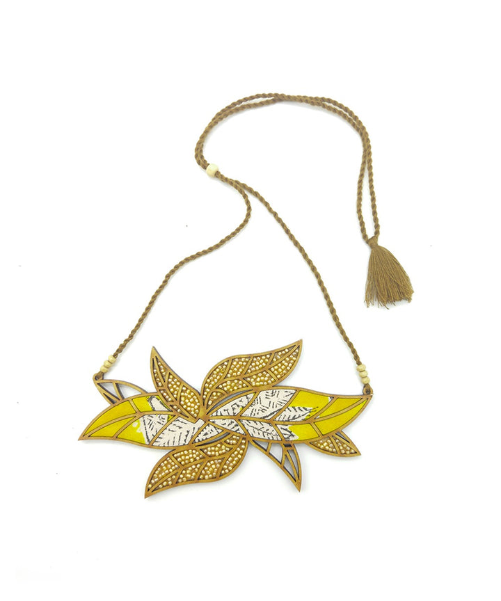 Handcrafted yellow leaf motif fabric and wood necklace