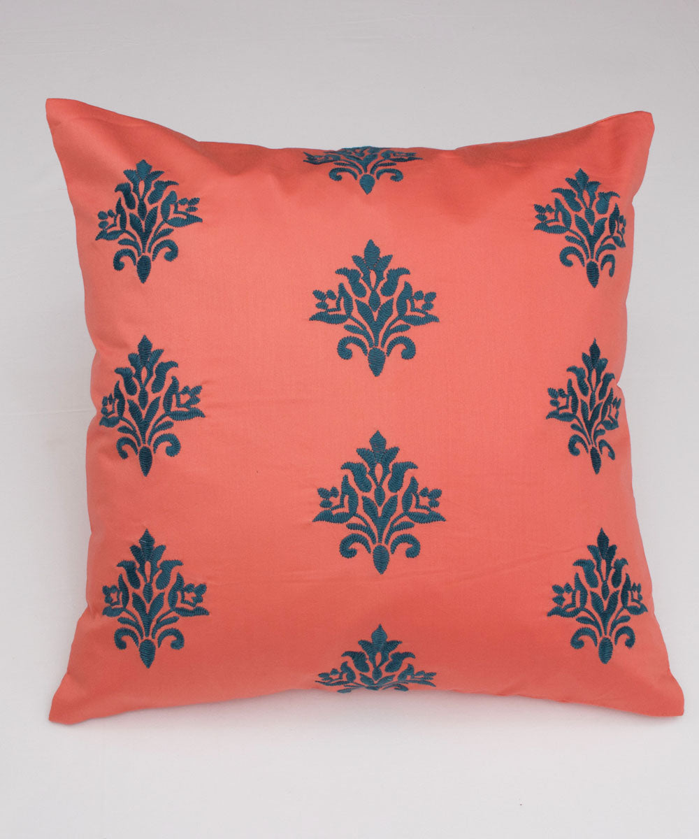 Peach green cotton hand embroidery cushion cover