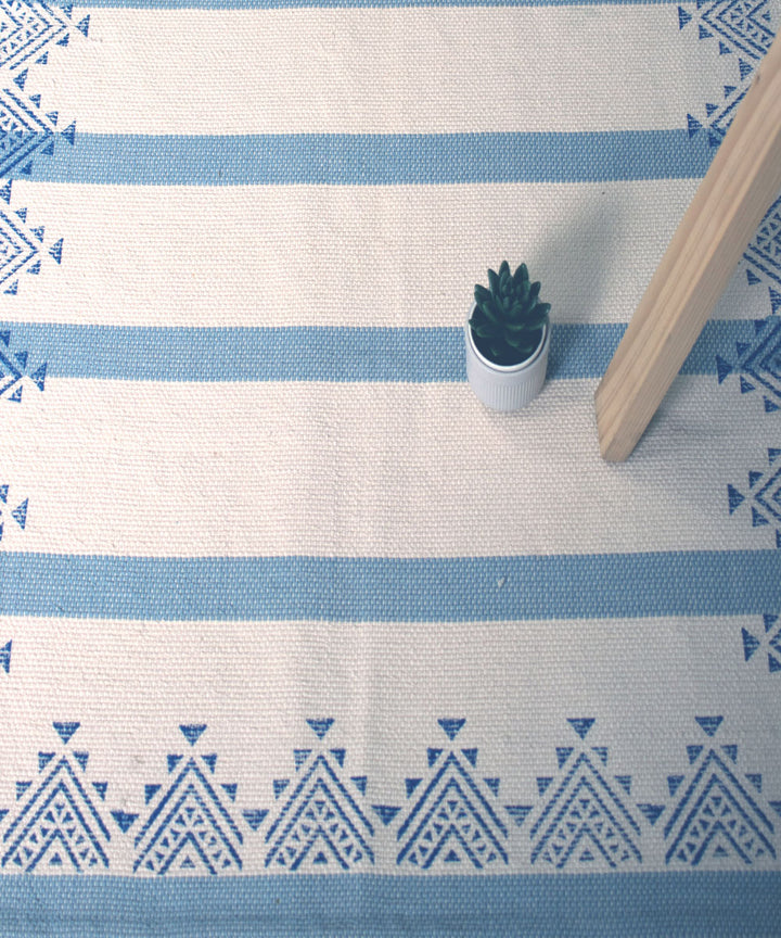 White blue handwoven hand block printed cotton rug