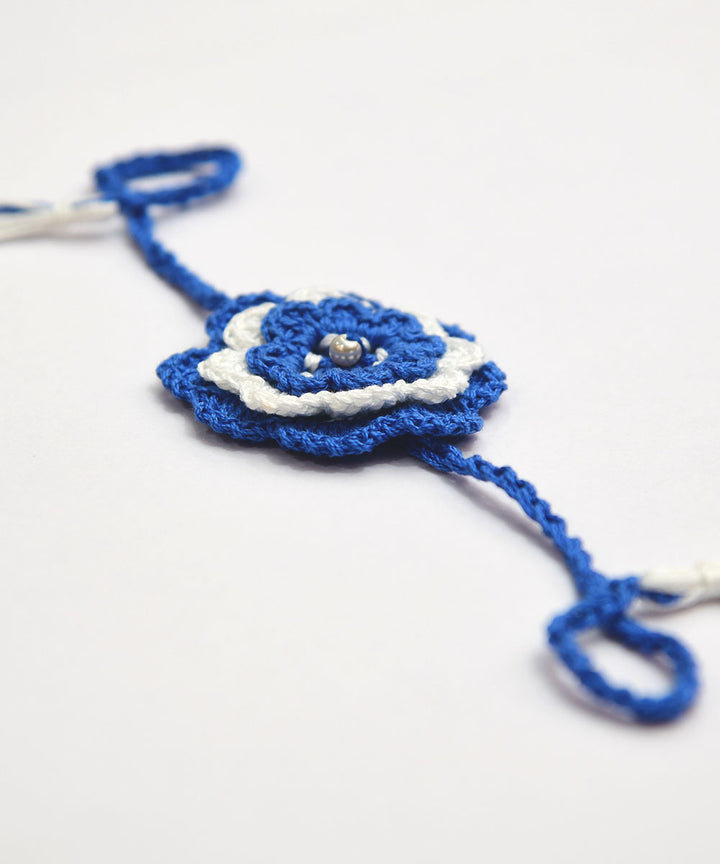 Cyan blue white hand embroidery cotton rakhi