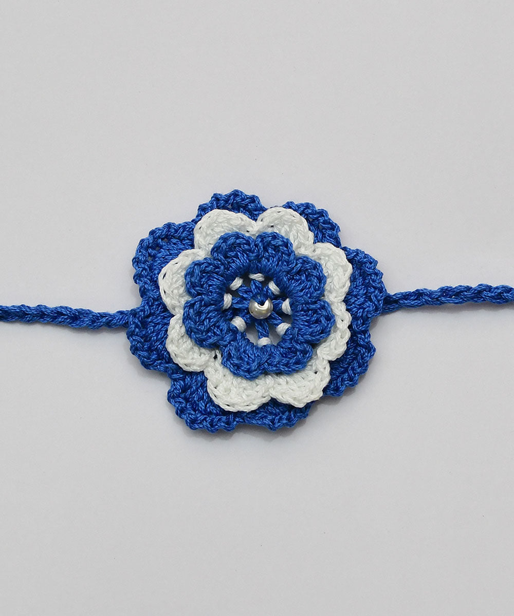 Cyan blue white hand embroidery cotton rakhi