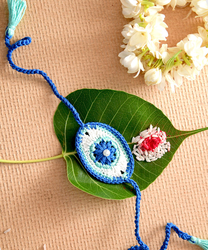 Blue white hand embroidery cotton rakhi
