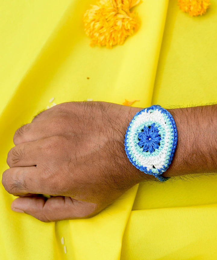 Blue white hand embroidery cotton rakhi