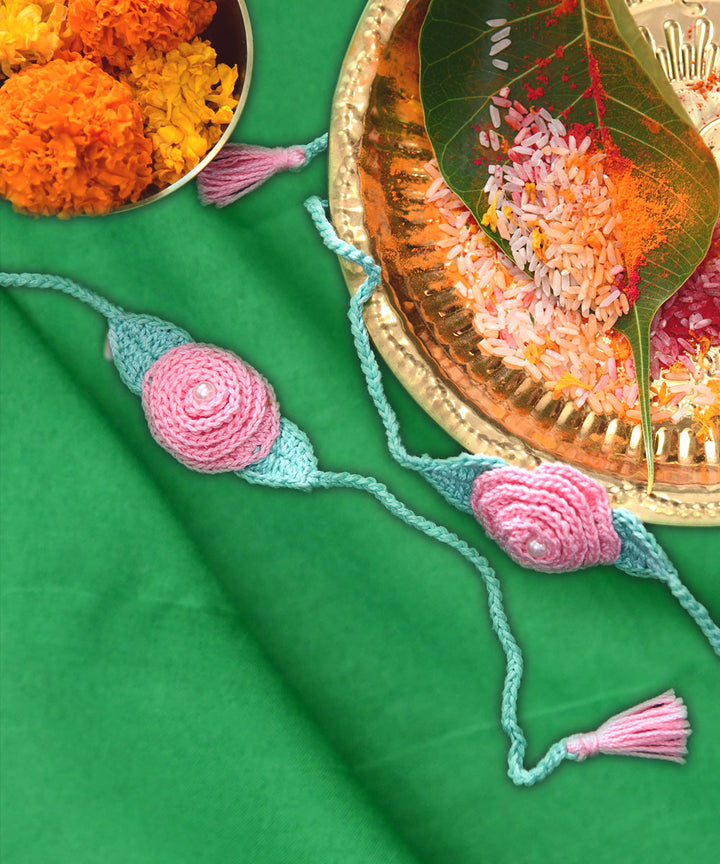 Pink blue hand embroidery cotton rakhi