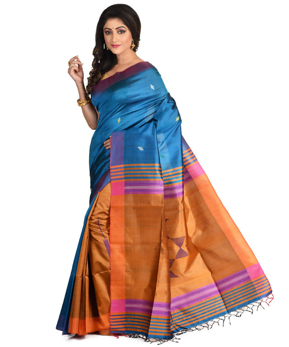 Resham shilpi cyan blue bengal silk saree with handwoven design