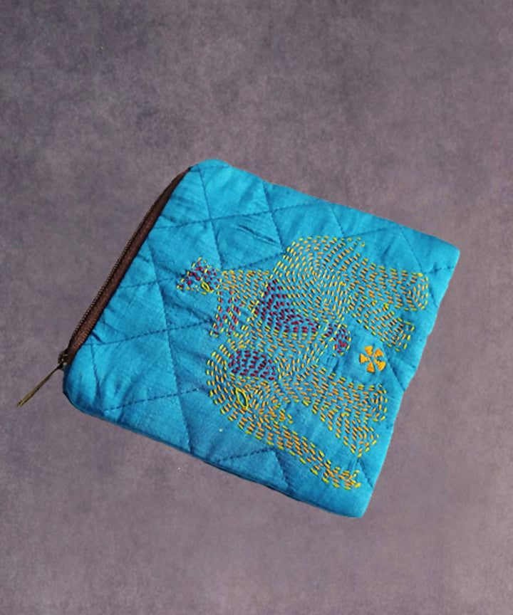 Sky blue hand made kantha stitch silk coin purse
