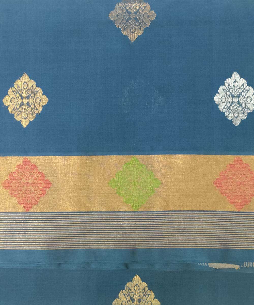 Indigo gold zari handwoven cotton venkatagiri sari