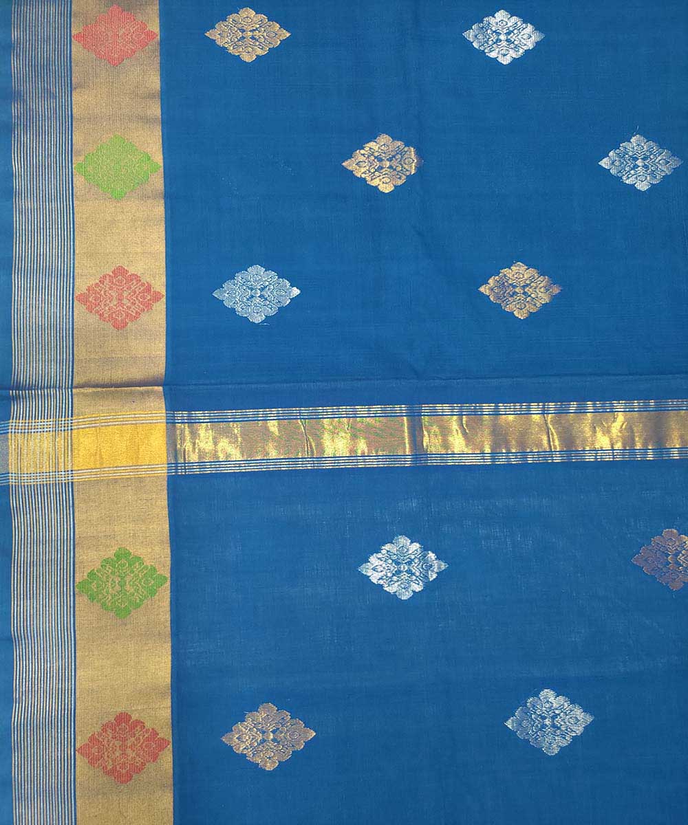 Indigo gold zari handwoven cotton venkatagiri sari