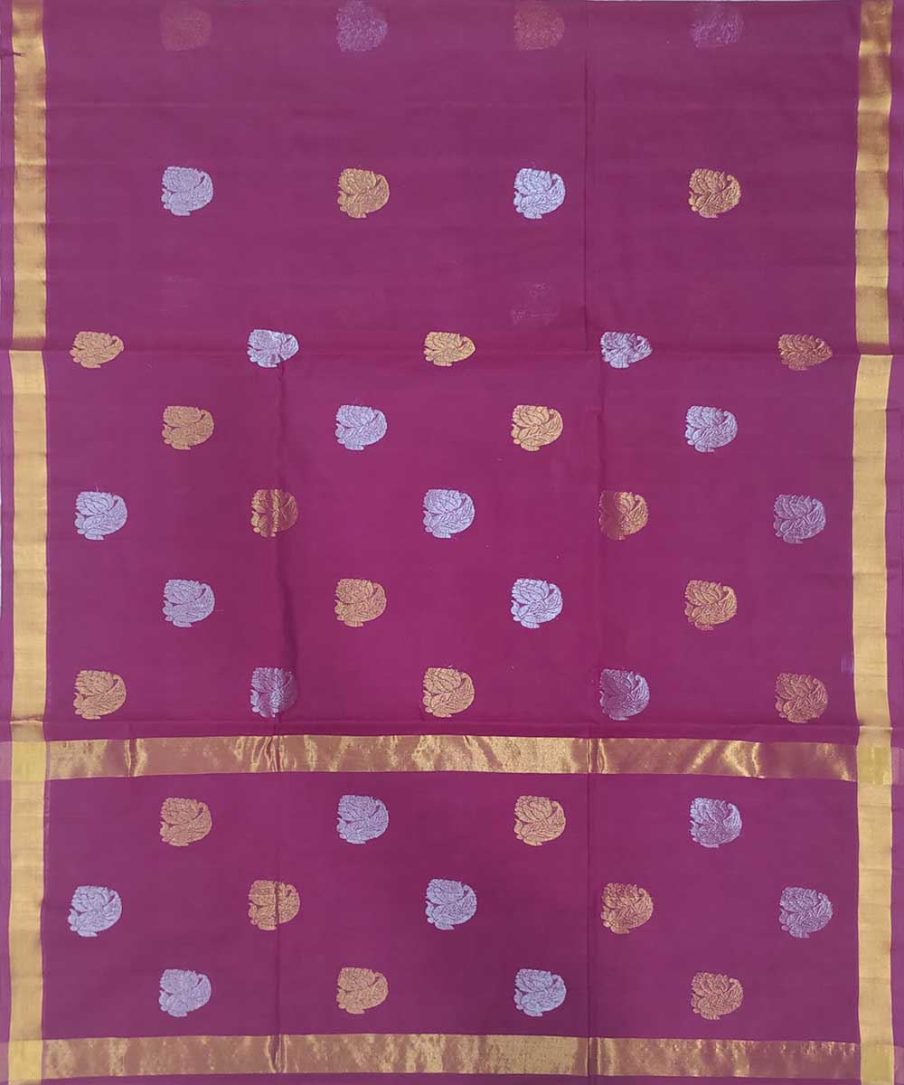 Dark pink silver gold zari handwoven cotton venkatagiri sari