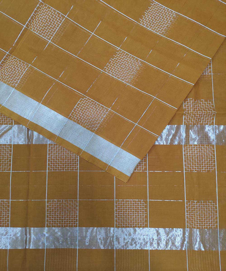 Mustard brown with white zari handwoven cotton venkatagiri sari
