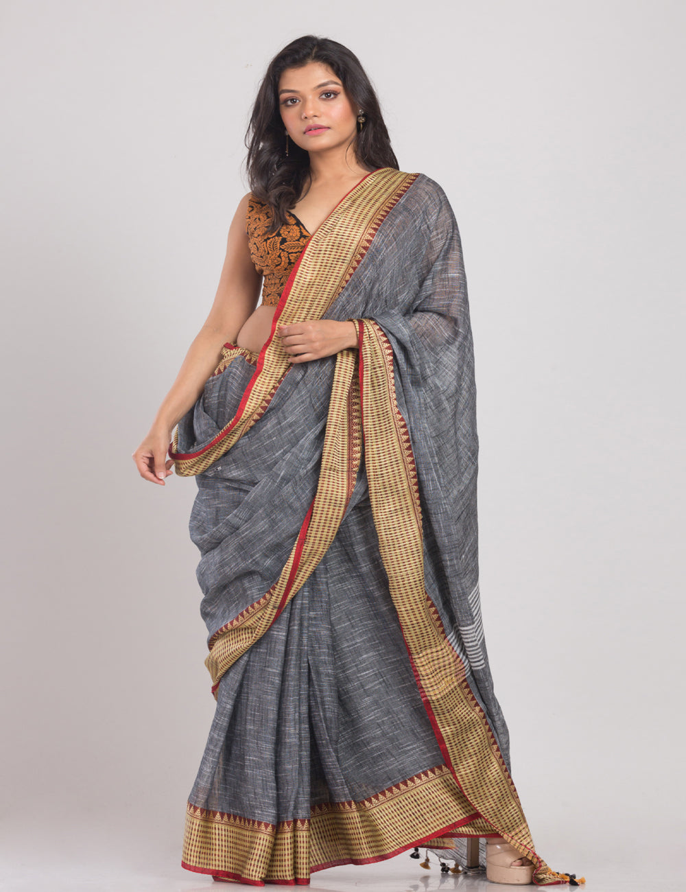 Grey with golden shimmer borders handwoven soft cotton sari