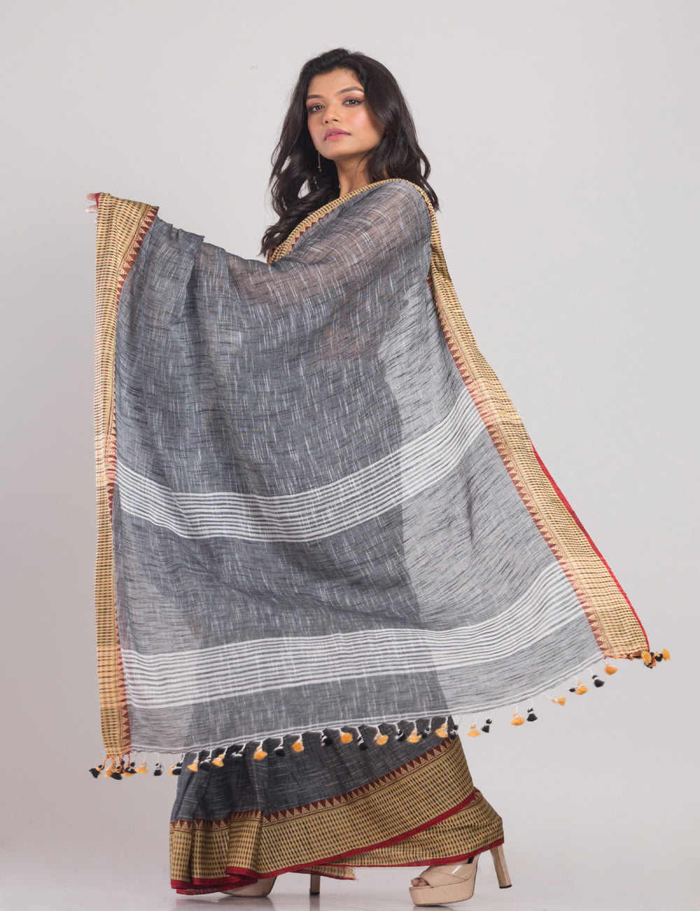 Grey with golden shimmer borders handwoven soft cotton sari