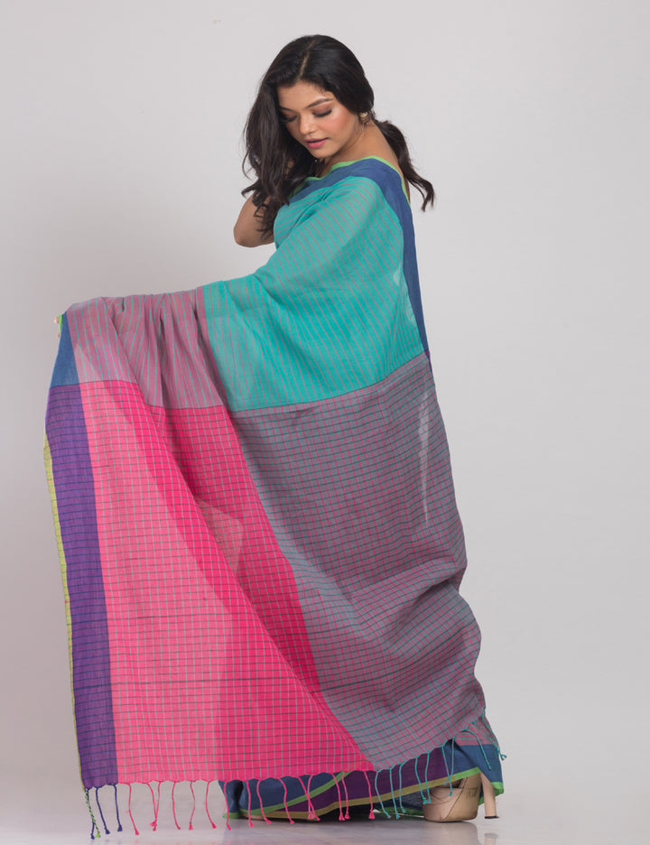 Cyan blue green handwoven cotton sari