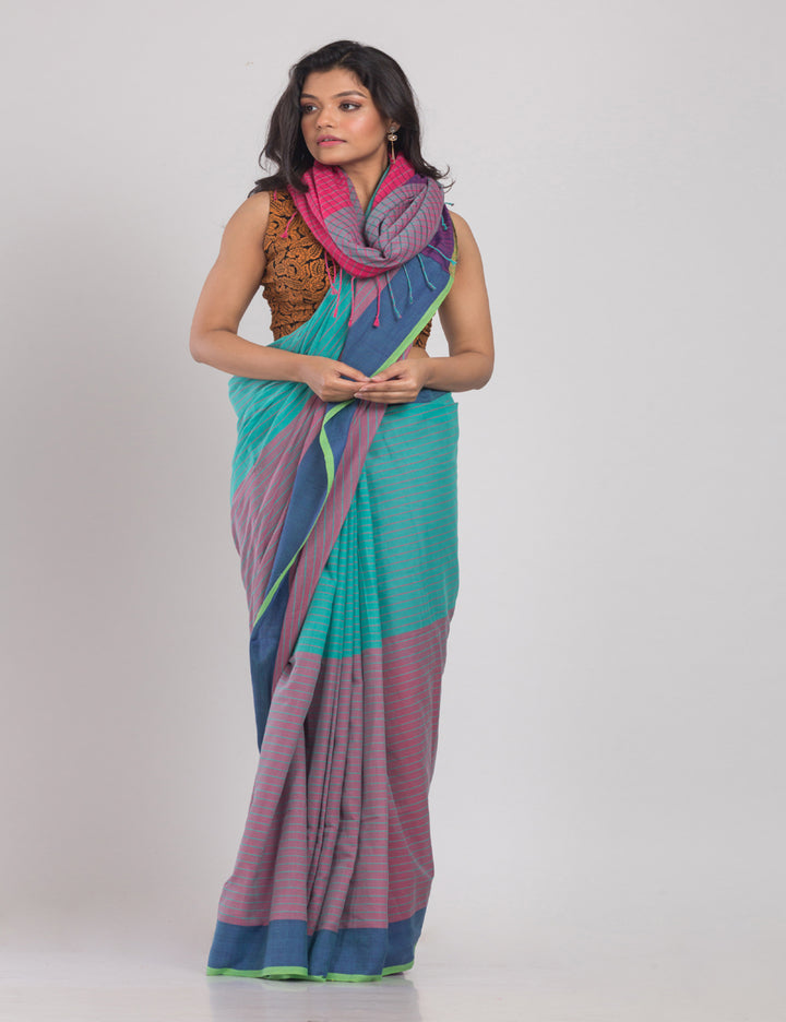 Cyan blue green handwoven cotton sari
