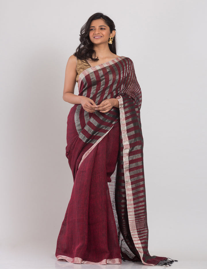 Maroon with silver sheen stripes handwoven linen sari