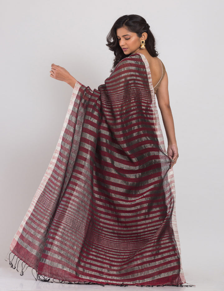Maroon with silver sheen stripes handwoven linen sari