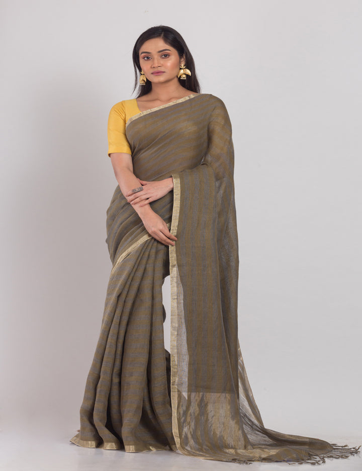 Brown grey handwoven linen sari