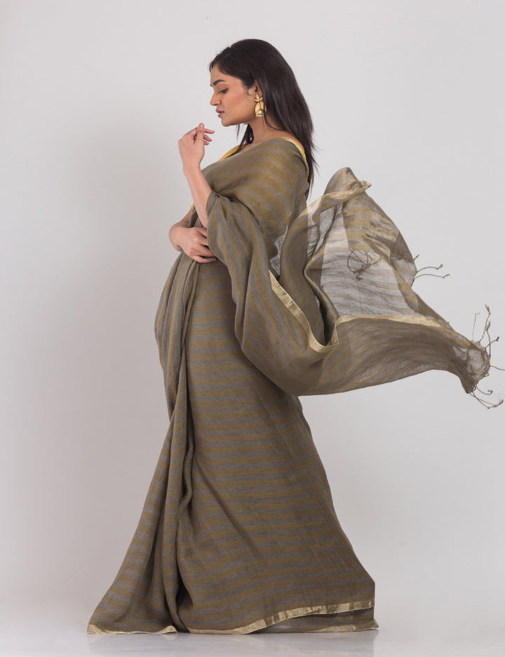 Brown grey handwoven linen sari