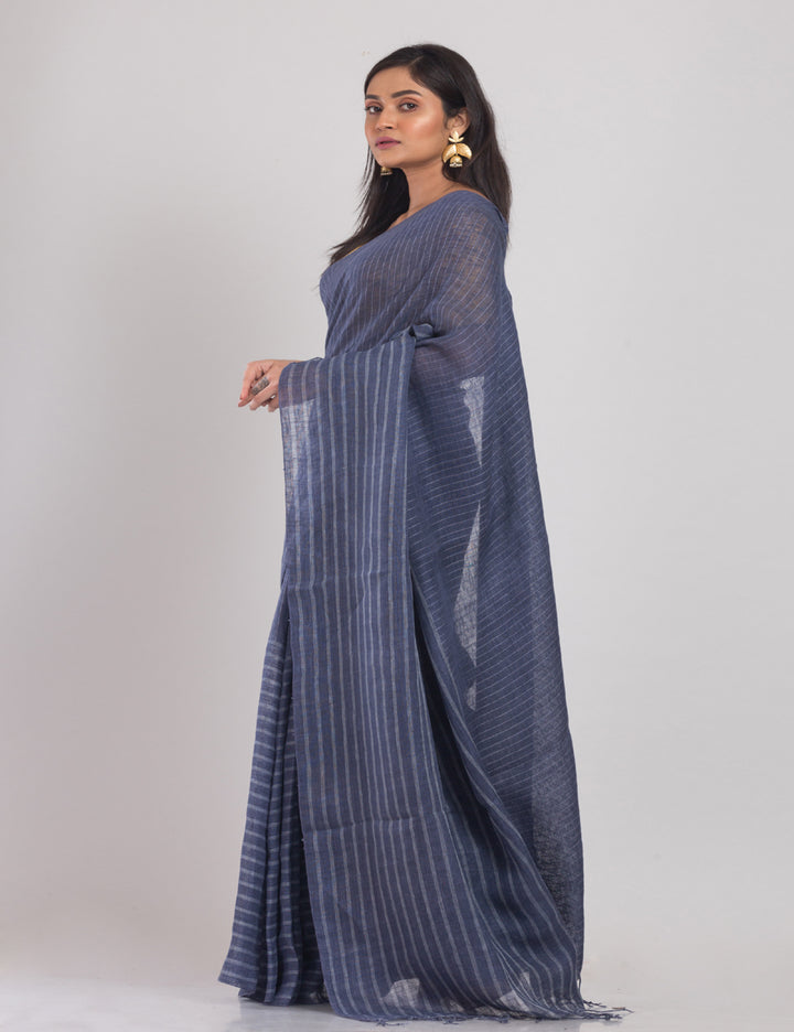 Grey blue stripes handwoven linen sari
