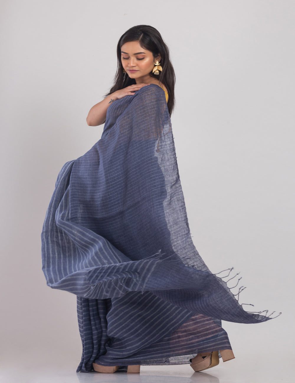 Grey blue stripes handwoven linen sari