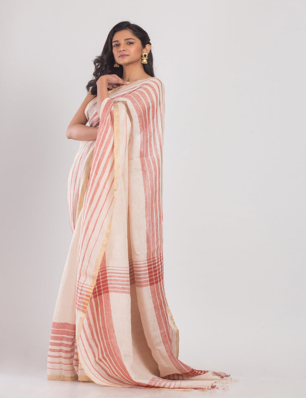 Off white handwoven linen sari