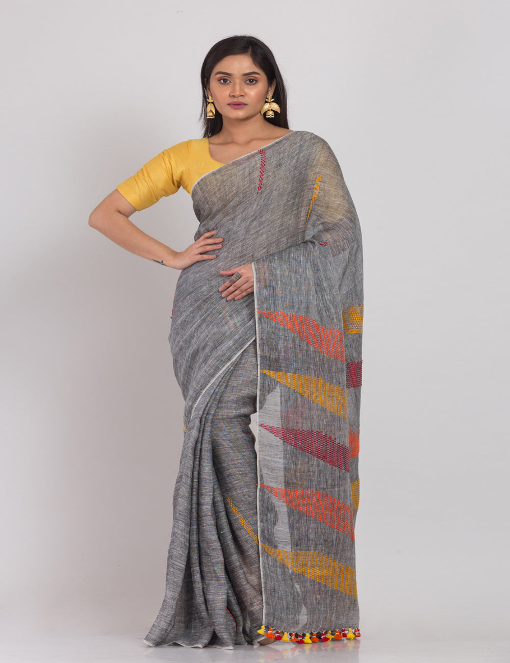 Grey with multicolor pallu handwoven linen sari