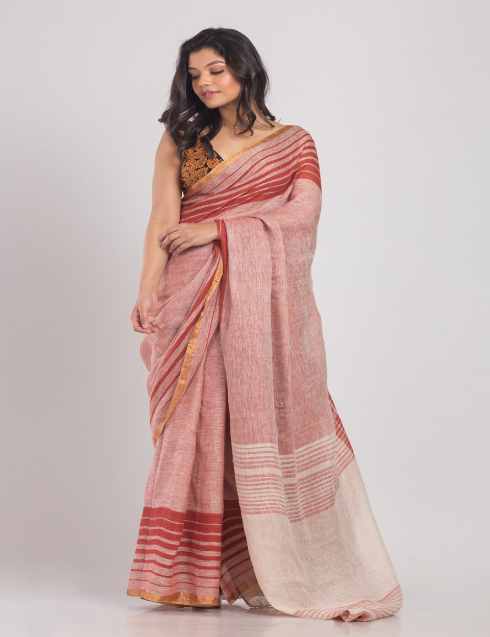 Multicolor striped border handwoven linen sari