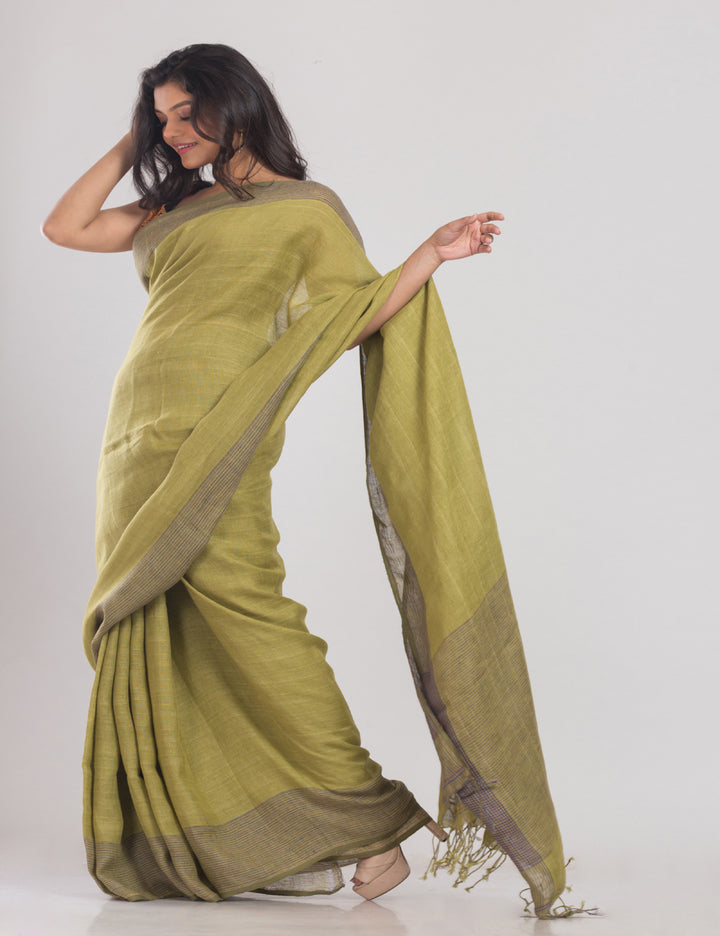 Olive green handwoven linen sari
