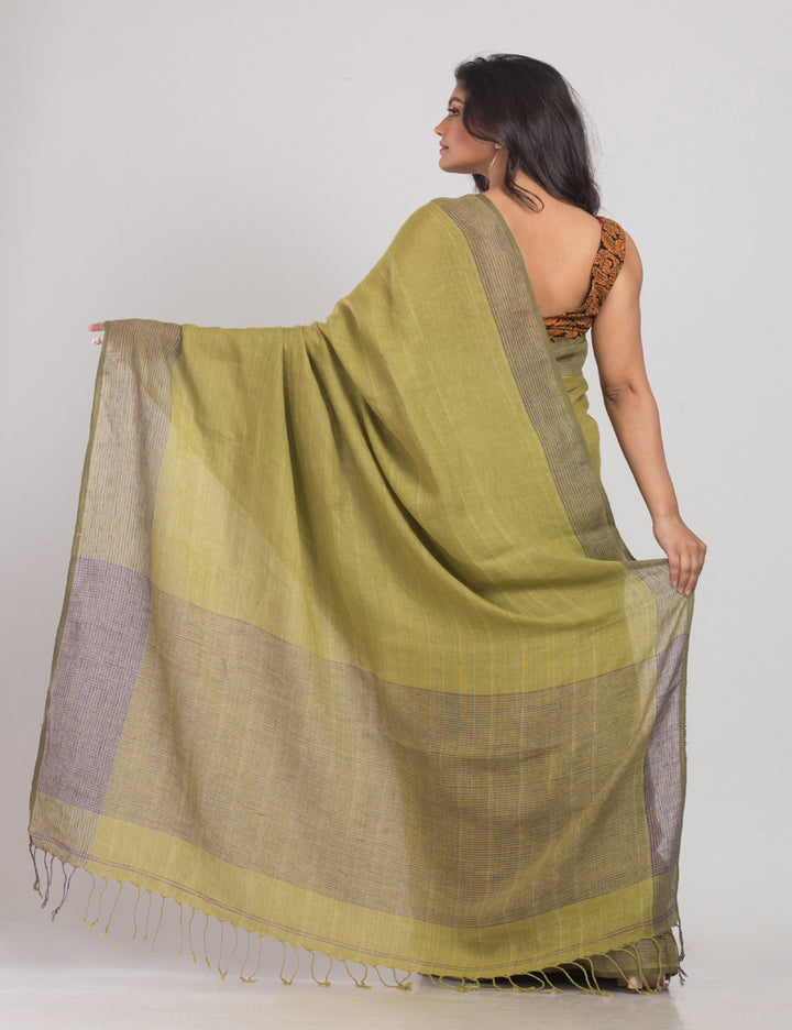Olive green handwoven linen sari