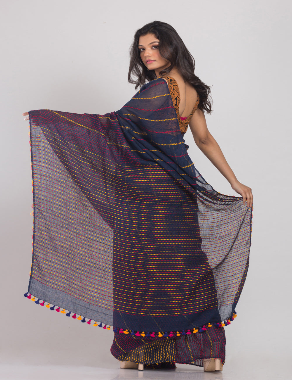 Navy blue handwoven linen sari